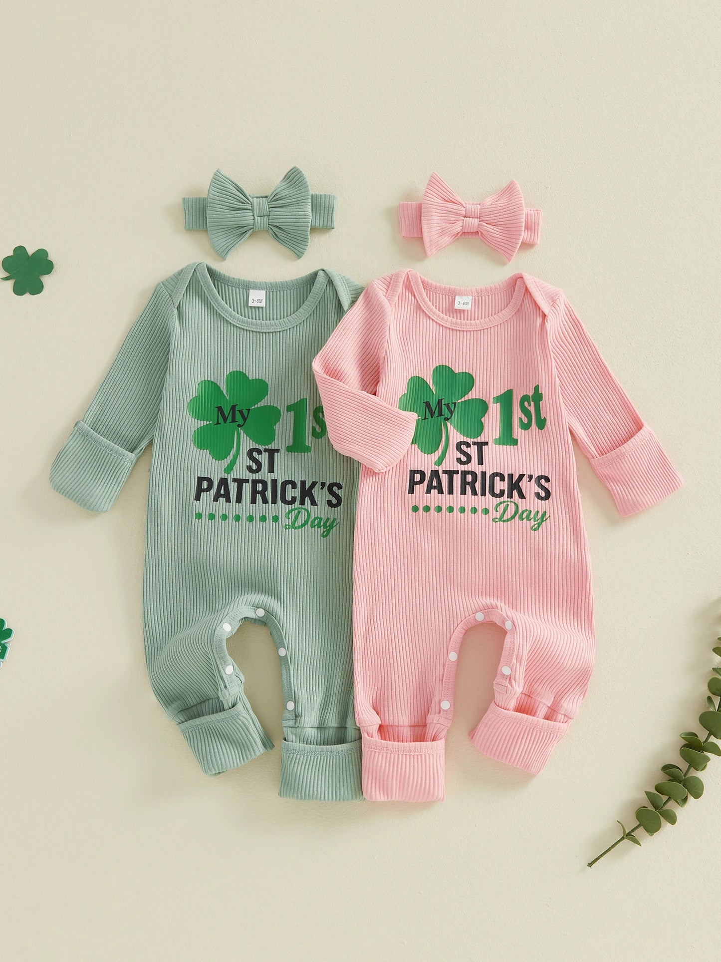 Baby Girls 2Pcs My 1st St. Patrick's Day Irish Romper Clover Letter Print Long Sleeve Round Neck Ribbed Jumpsuit with Bow Headband Set