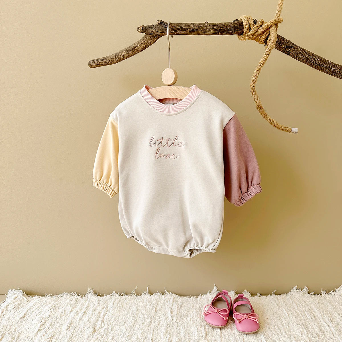 Baby Boys Girls Little Love Romper Long Sleeve Crewneck Patch Color Sleeve Bodysuit