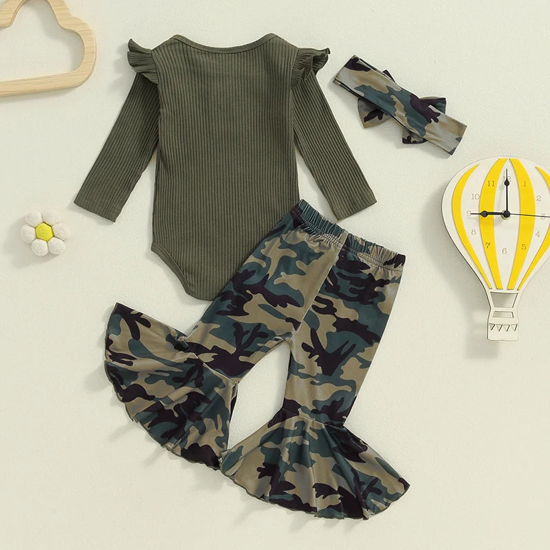 Baby Girls 3Pcs Fall Outfit Long Sleeve Ribbed Solid Color Romper Camouflage Print Flared Long Pants Headband Set