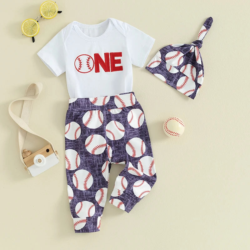 Baby Boys Girls 3Pcs First Birthday Outfit Letter ONE Print Short Sleeve Romper with Baseball Print Pants and Hat Set