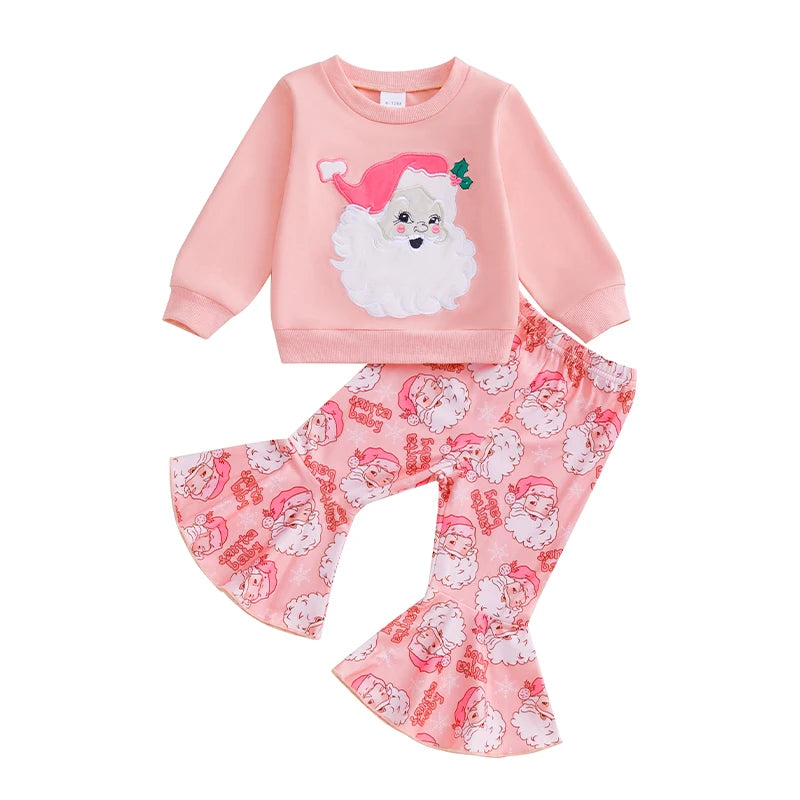 Baby Toddler Girl 2Pcs Christmas Outfit Santa Embroidery Long Sleeve Crewneck Top and Flare Pants Set