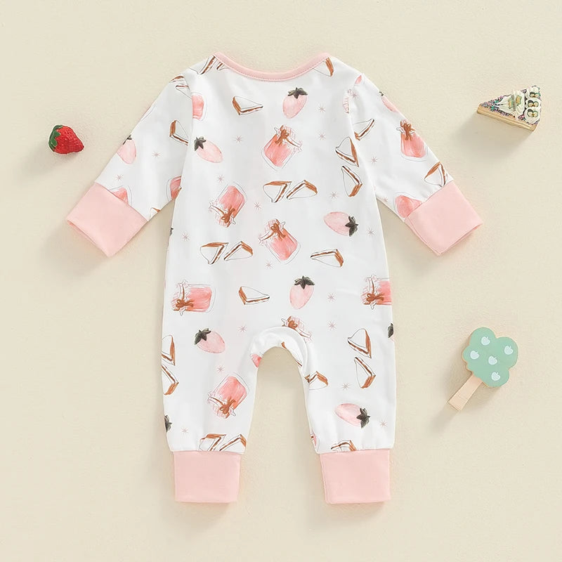 Baby Girls Long Sleeve Romper Strawberry Jam Jar Sandwich Print Front Zipper Jumpsuit