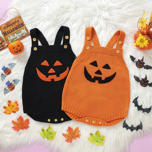 Baby Boys Girls Knit Romper Sleeveless Pumpkin Face Jack O Lantern Bodysuit Overalls Halloween