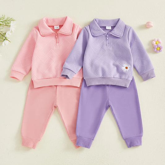 Toddler Kids Girl 2Pcs Outfits Long Sleeve Zip Up Lapel Collar Tops Pants Jogger Set  Clothes