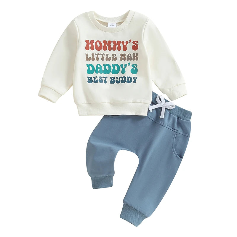 Baby Toddler Boys 2Pcs Mommy' little Man Daddy's Best Buddy Set Long Sleeve Crew Neck Letters Print Top with Elastic Waist Pants Clothes Outfit