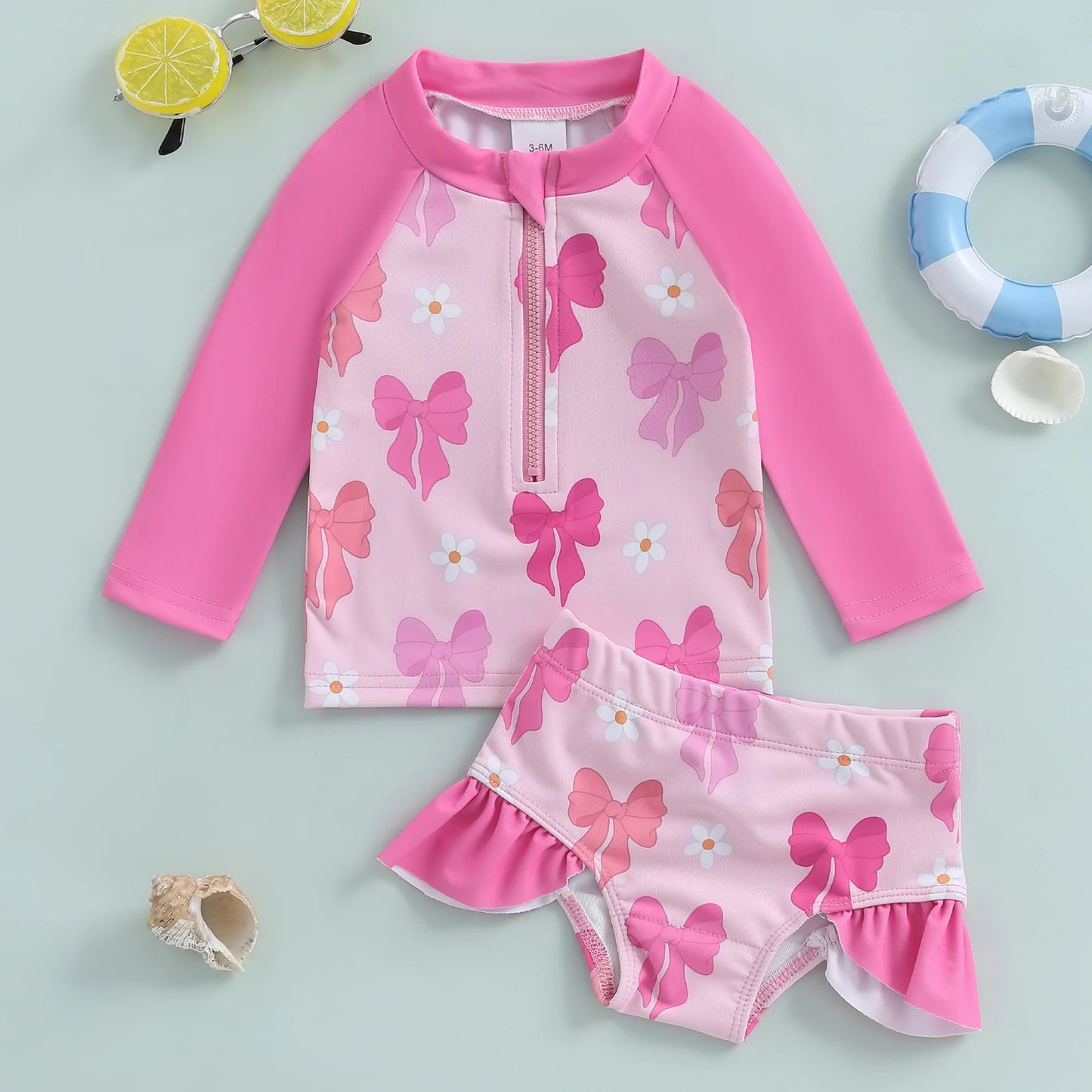 Baby Toddler Girls 2Pcs Summer Swimsuit Set Flower Bow Print Zip-up Rash Guard Long Sleeve Swim Top and Shorts Bathing Suit