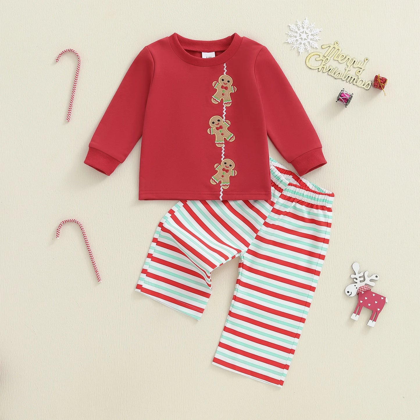 Baby Toddler Boy Girl 2Pcs Christmas Outfits Long Sleeve Gingerbread Man Embroidery Tops + Pants Set Clothes