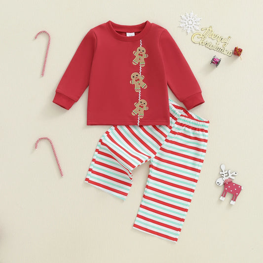 Baby Toddler Boy Girl 2Pcs Christmas Outfits Long Sleeve Gingerbread Man Embroidery Tops + Pants Set Clothes