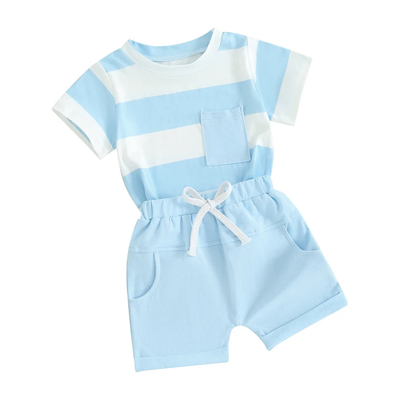 Baby Toddler Boys 2Pcs Summer Outfit Pocket Stripe Short Sleeve Top Elastic Waist Shorts Clothes Set