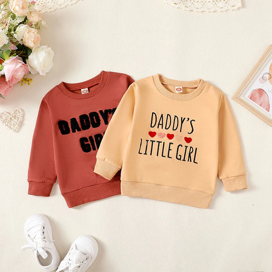 Baby Toddler Girl Daddy's Little Girl Letter Heart Fuzzy Embroidery Long Sleeve O-Neck Pullover Top