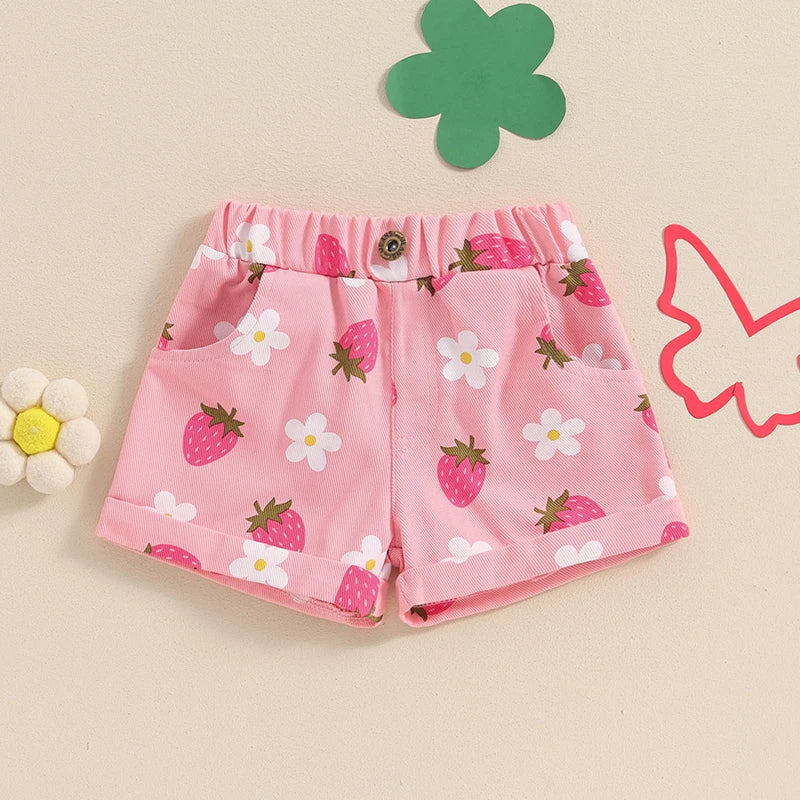 Baby Toddler Girls Summer Denim Shorts Elastic Waist Strawberry Floral Flowers Print Jean Shorts with Pockets