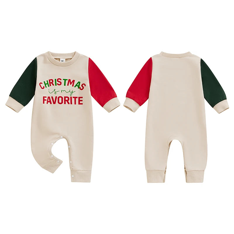 Baby Girls Boys Christmas Is My Favorite Jumpsuit Long Sleeve Crew Neck Letters Print Contrast Color Christmas Romper