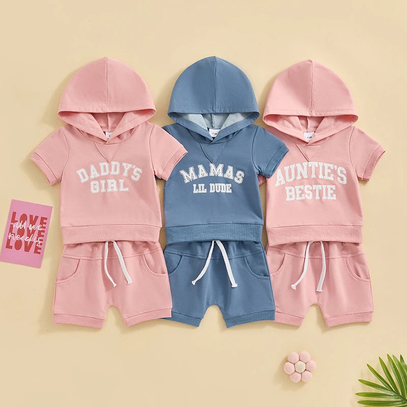 Toddler Baby Boy Girl 2Pcs Daddy's Girl / Mama's Lil Dude / Auntie's Bestie Letter Print Short Sleeve Hooded Top Solid Shorts Outfit Set