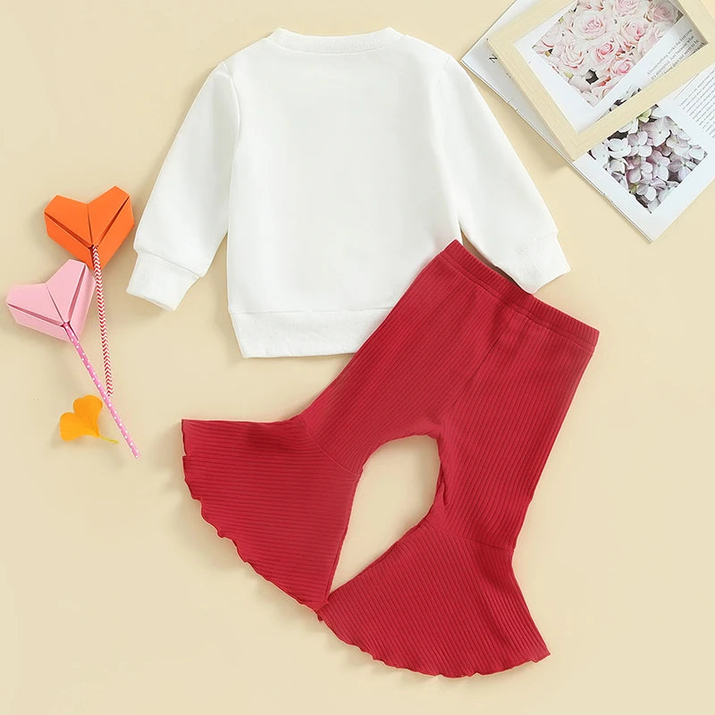 Baby Toddler Girl 2Pcs Valentine's Day Outfit Lover Girl Letters Heart Print Pullover Top Red Flare Pants Bell Bottoms Set Clothes