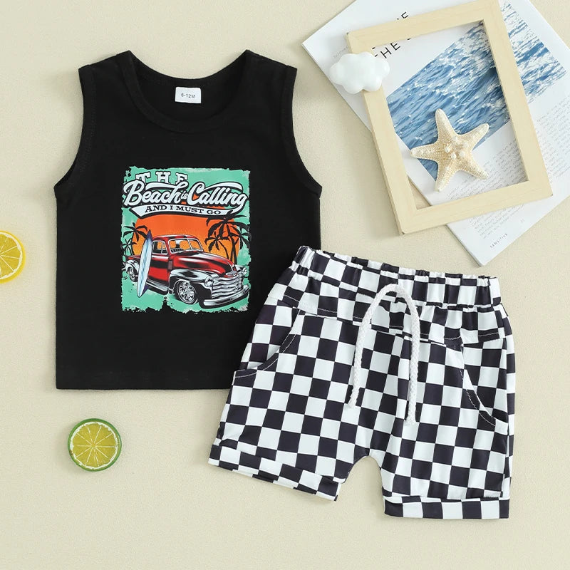 Baby Toddler Boys 2Pcs Beach Bum / The Beach Happy Place / Beach Calling Car Letter Print Sleeveless Tank Top and Checkered Elastic Waist Shorts Clothes Set Outfit