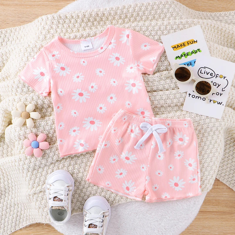 Baby Toddler Girl 2Pcs Clothes Set Round Neck Short Sleeve Daisy Flower Print Top + Elastic Waist Shorts Outfit