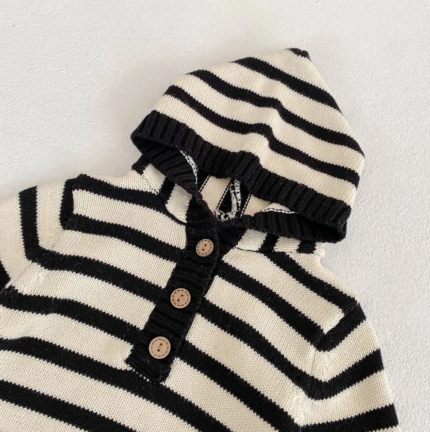Boys Striped Button Up Long Sleeve Hooded Bodysuit Romper