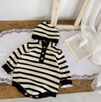 Boys Striped Button Up Long Sleeve Hooded Bodysuit Romper