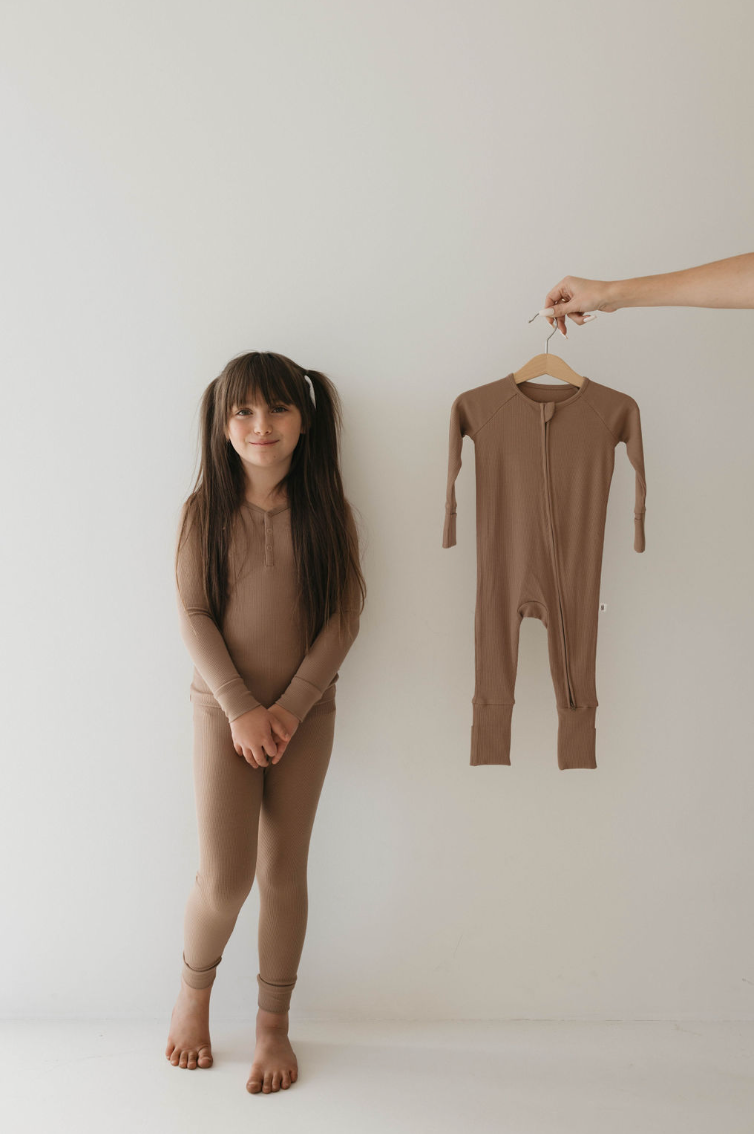 Bamboo Zip Pajamas | Ribbed Milk Chocolate Zipper Romper