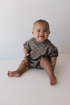 Short Sleeve Romper | Faded Brown Checkerboard