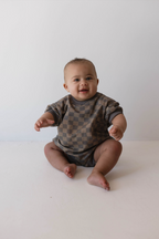 Short Sleeve Romper | Faded Brown Checkerboard