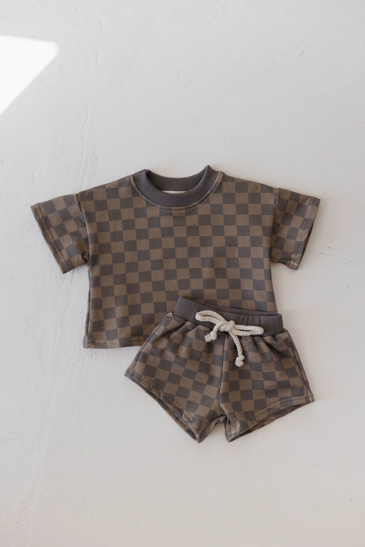 Short Set | Faded Brown Checkerboard