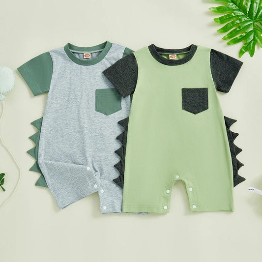 Baby Boy Summer Romper Short Sleeve Round Neck Contrast Color Dinosaur Spikes Jumpsuit Playsuit