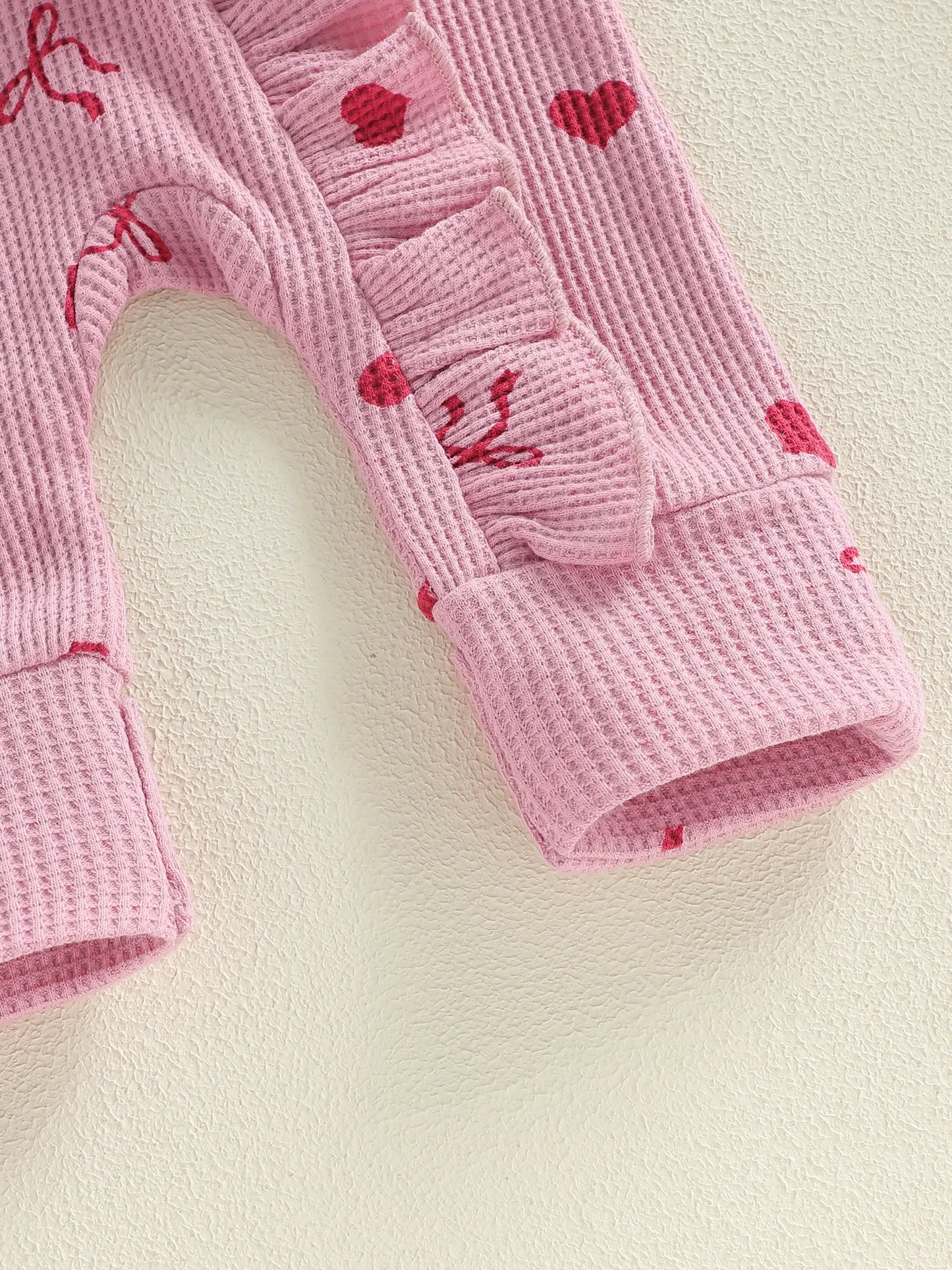 Baby Girls 2Pcs Valentine's Day Romper Outfit Heart Print Ruffle Long Sleeve Jumpsuits Bow Headband Set