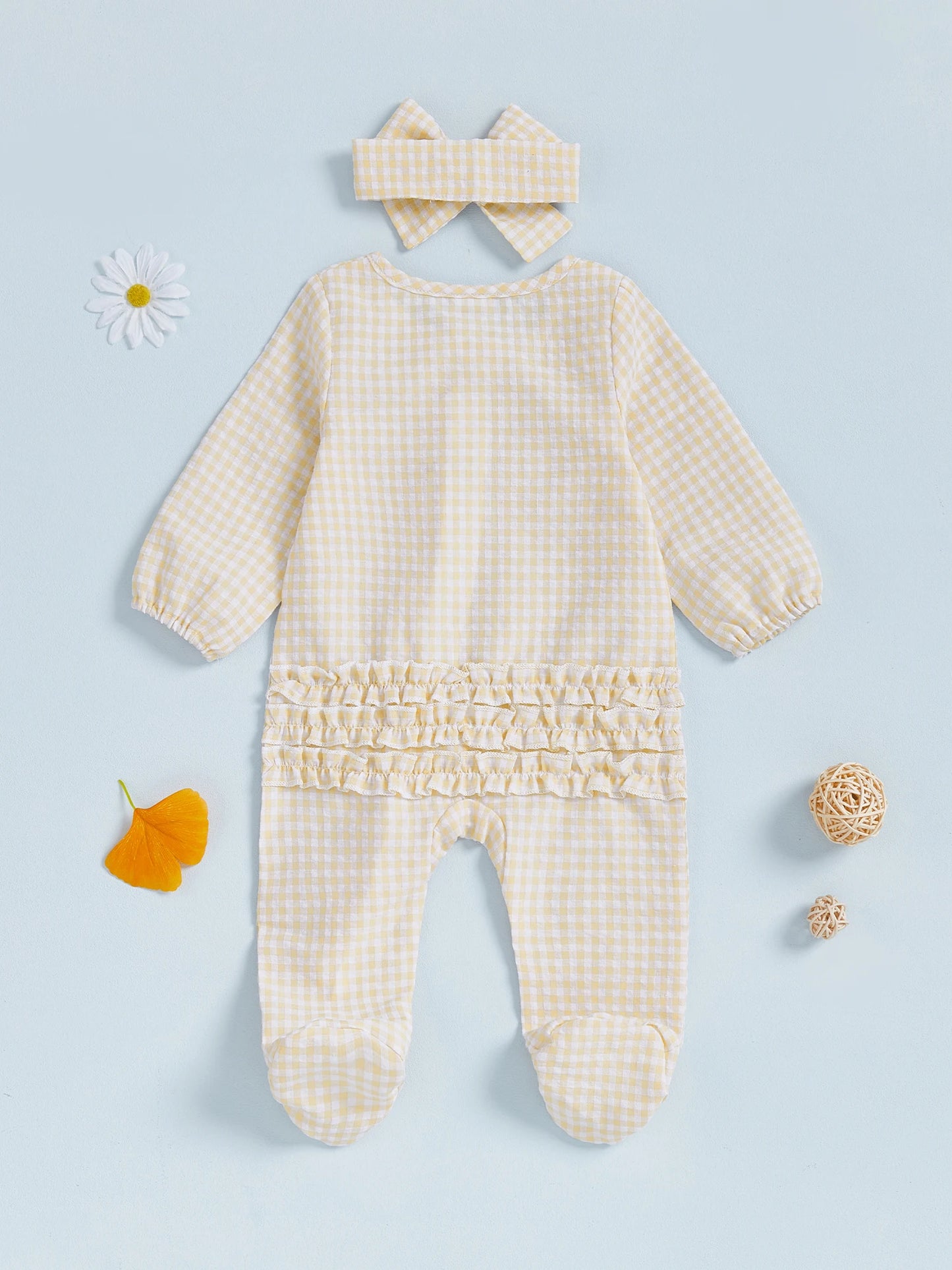 Baby Girl 2Pcs Fall Footies and Headband Set Plaid Ruffled Trim Zip Front Long Sleeve Zipper Romper