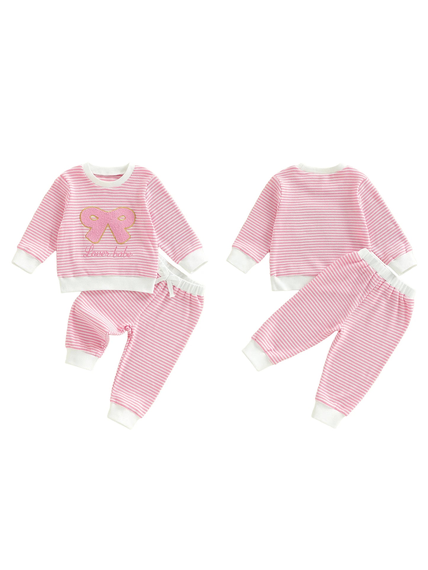 Baby Toddler Girl 2Pcs Valentine's Day Outfit Striped Bow Letter Be Mine / Love Embroidered Long Sleeve Top and Pants 2 Jogger Set
