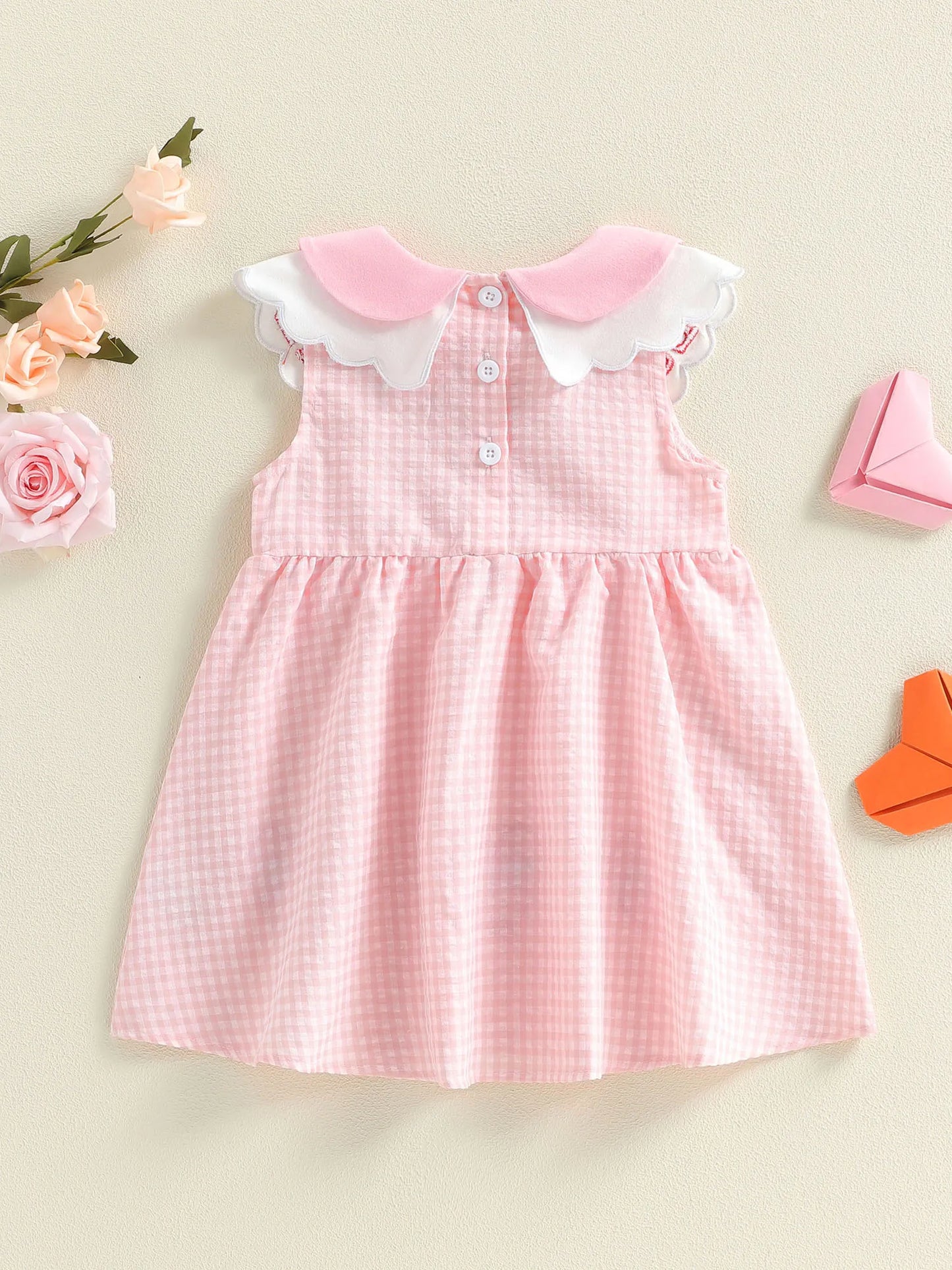 Baby Toddler Girls A-line Dress Valentine's Day Jesus Loves Me Sleeveless Doll Collar Letter Heart Embroidery Plaid Dress