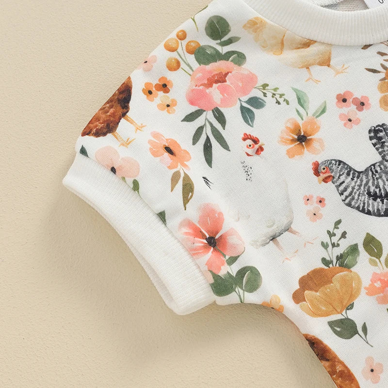 Baby Girls Romper Floral Farm Hen Chicken Flower Print Round Neck Short Sleeve Jumpsuits Casual Clothes