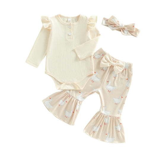 Baby Girls 3Pcs Outfit Long Sleeve Round Neck Jumpsuit and Headband Goose Print Elastic Waist Flared Pants Set