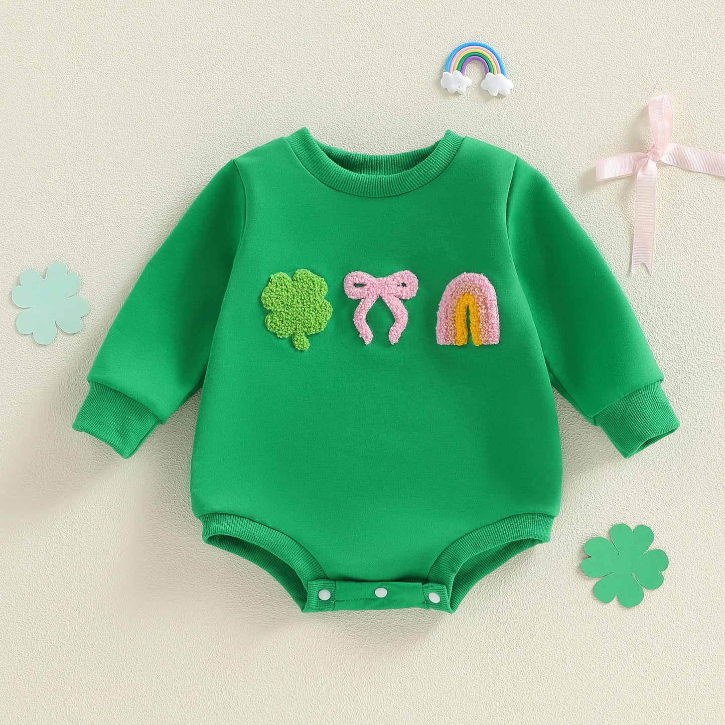 Baby Girl Spring Romper Shamrock Bow Rainbow Embroidered Crew Neck Long Sleeve Infant Jumpsuit