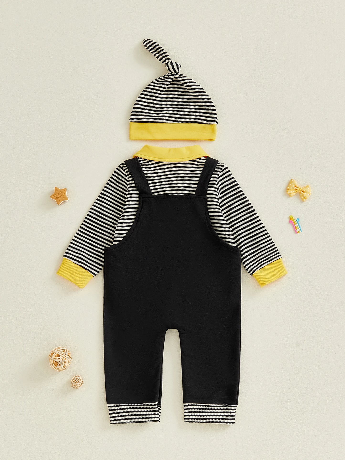 Baby Boy 3Pcs My First New Years Outfit Long Sleeve Turn Down Collar Striped Jumpsuit Letter Number Embroidery Overalls and Hat Set