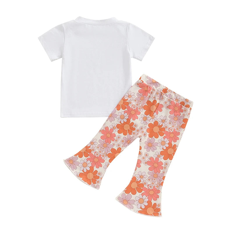 Baby Toddler Girls 2Pcs Wild At Heart Summer Outfit Letter Print Round Neck Short Sleeve Top with Elastic Waist Flower Print Flare Pants Set