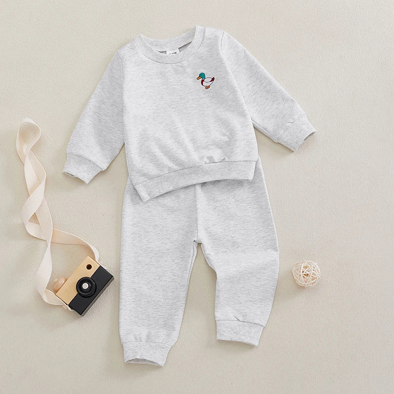 Baby Toddler Girl Boy 2Pcs Outfit Duck Embroidery Long Sleeve Crew Neck Top with Elastic Waist Pants Jogger Set