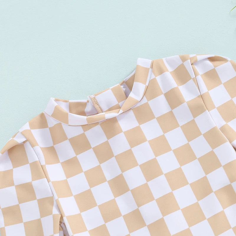 Baby Toddler Girls Beach Swimwear Long Sleeve Checkerboard Plaid Print Ruffle Romper Bathing Suit