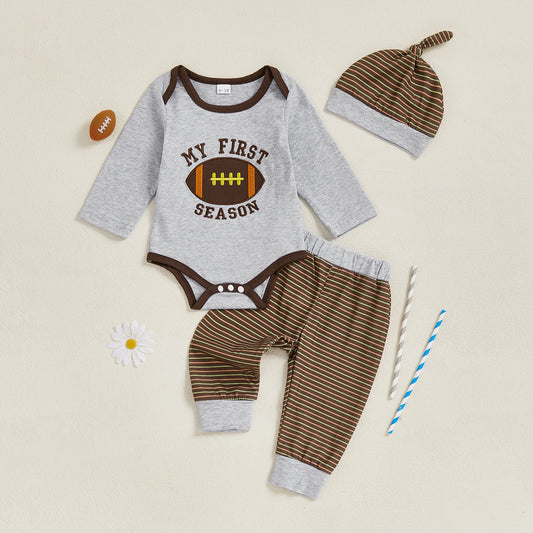Baby Boys 3Pcs My First Football Season Fall Set Letter Embroidery Long Sleeve Romper Elastic Waist Striped Pants and Hat Outfit