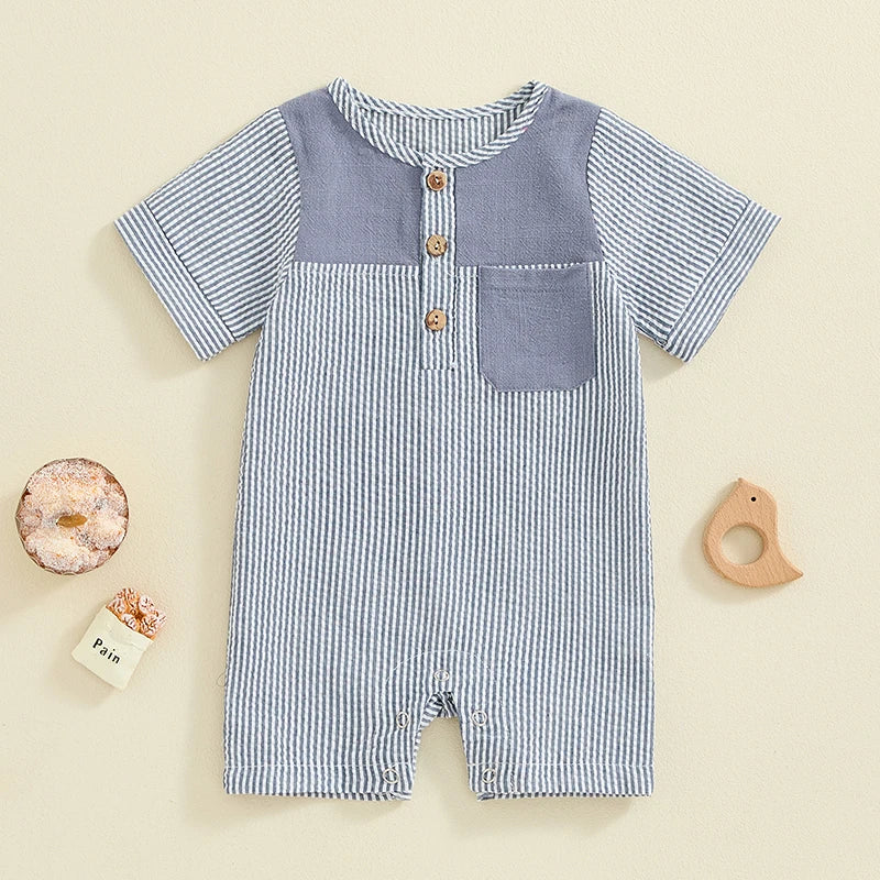 Baby Boys Button Romper Short Sleeve Stripe Print Jumpsuit Pocket Casual Clothes