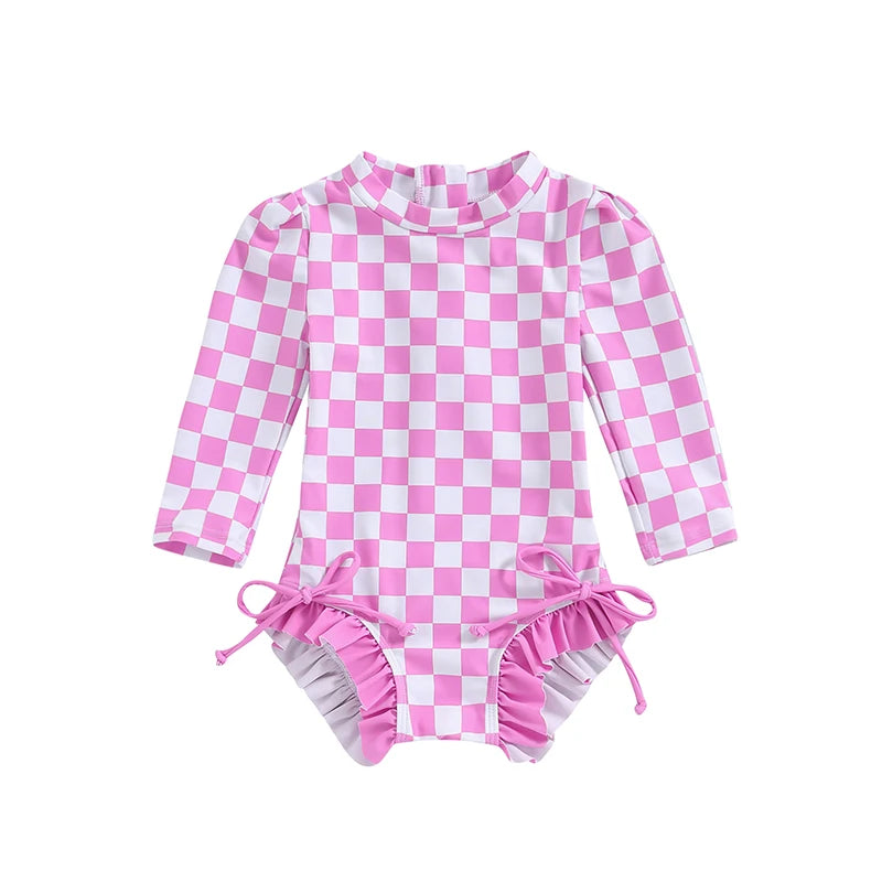 Baby Toddler Girls Beach Swimwear Long Sleeve Checkerboard Print Ruffle Romper Bathing Suit