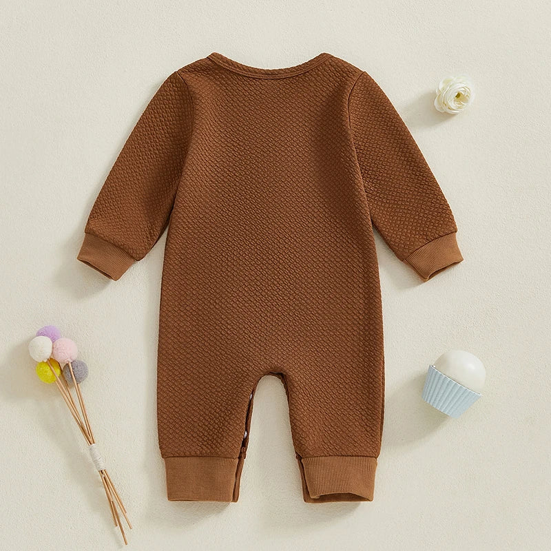 Baby Girls Boys Romper Solid Color Buttons Pockets O-Neck Long Sleeve Spring Jumpsuit