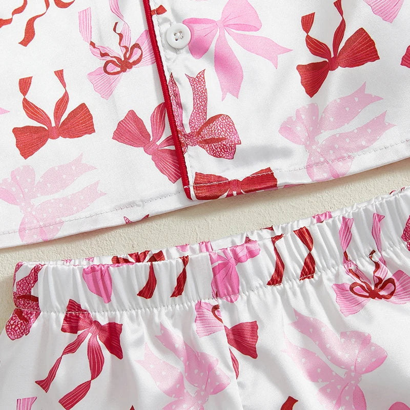 Baby Toddler Girl 2Pcs Pajamas Set Bow Pattern Button Down V Neck Long Sleeve Top and Pants Lounge Wear 2 Pcs PJs Set for Fall Winter