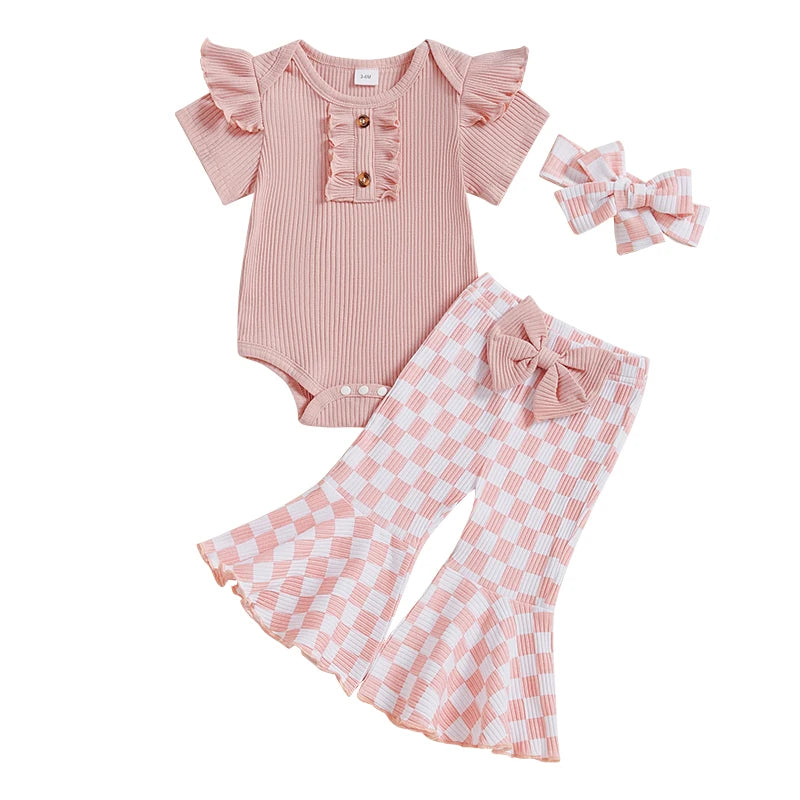 Baby Girls 3Pcs Summer Spring Clothes Solid Ribbed Short Sleeve Romper with Checkered Print Flare Long Pants and Headband Set