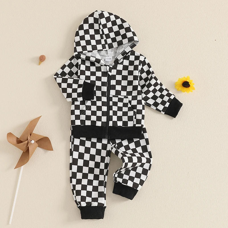 Baby Toddler Boy 2Pcs Checkered Outfit Long Sleeve Zip Up Hoodie Elastic Waist Pants with Pockets Jogger Set