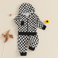 Load image into Gallery viewer, Baby Toddler Boy 2Pcs Checkered Outfit Long Sleeve Zip Up Hoodie Elastic Waist Pants with Pockets Jogger Set
