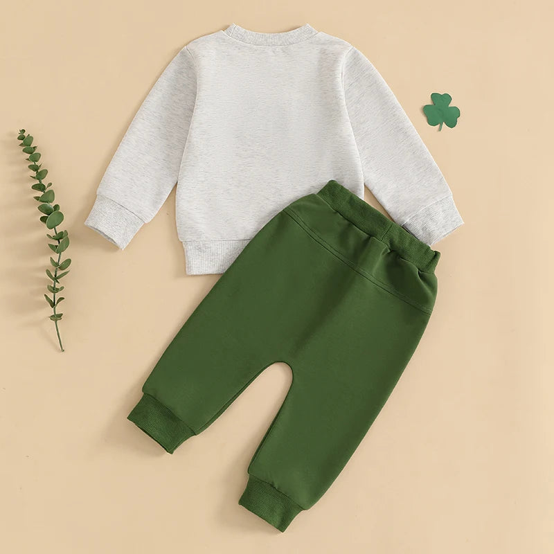 Baby Toddler Girl Boy 2Pcs Lucky St. Patrick's Day Spring Outfit Letter Shamrock Four Leaf Clover Embroidery Long Sleeve Crewneck Top with Elastic Waist Solid Pants Jogger Set