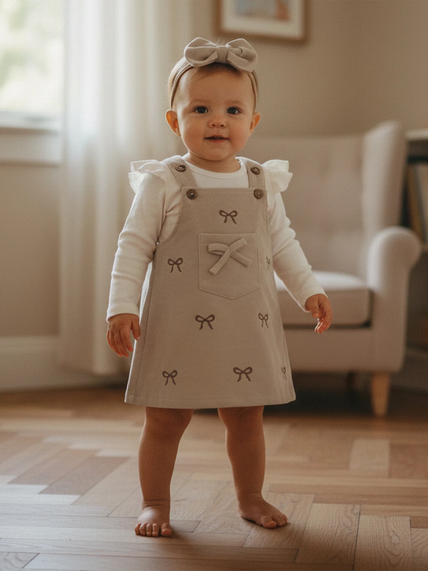 Baby Girls 3Pcs Outfit Ruffle Long Sleeve Crew Neck Romper Overall Bow Dress and Headband Set