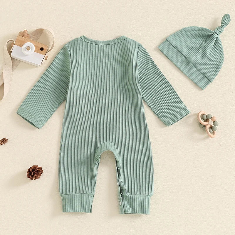 Baby Girl Boy 2Pcs New To The Crew Fall Romper Letter Ribbed Long Sleeve Full Length Jumpsuit Hat Clothes Outfit Set