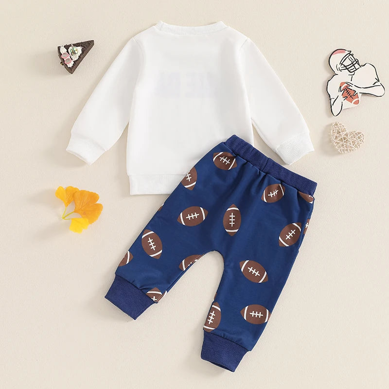 Baby Toddler Boys 2Pcs Game Day Autumn Outfit Long Sleeve Letter Print Pullover Tops Football Print Long Pants Set